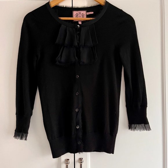 JUICY COUTURE Black Cardigan 100% Merino Wool, 100% Silk Trim | P / XS - Picture 2 of 9